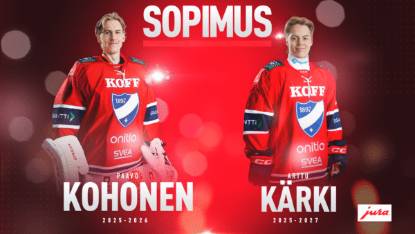 Maalivahti Paavo Kohonen ja puolustaja Arttu Kärki Stadiin